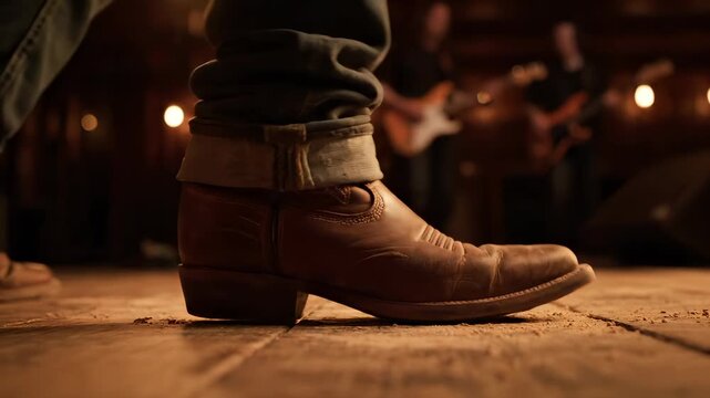 Cowboy boot stands on wooden floor during country music performance. Western footwear at barn venue with guitar band. Boot on wood floor shows country concert. Musician plays guitar behind cowboy boot