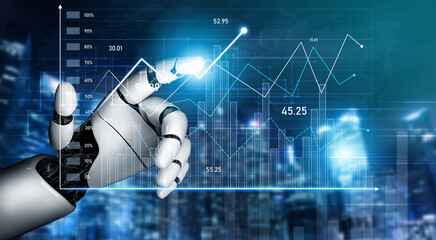 A futuristic robotic hand engages with digital graphs and data visuals, symbolizing the intersection of technology and analytics in a modern business environment. Scalp