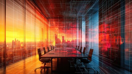 Digital conference room with virtual data overlay