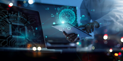 Global business structure of networking. Ai, Analysis and data exchange customer connection and...