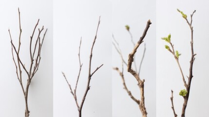 Obraz premium A sequence of four frames showing a brown twig progressing from bare to sprouting green leaves against a clean white bac