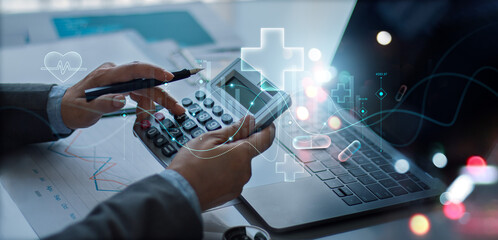 Healthcare business graph data, Businessman use calculator to calculate growth investment medical...