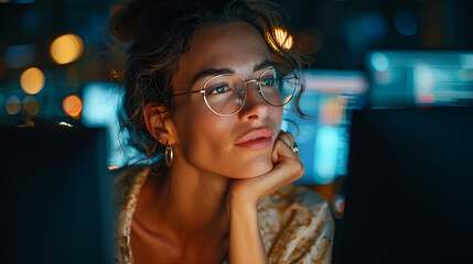 professional woman in night office environment using multiple computers, devoted to completing business tasks, deadlines and high performance goals