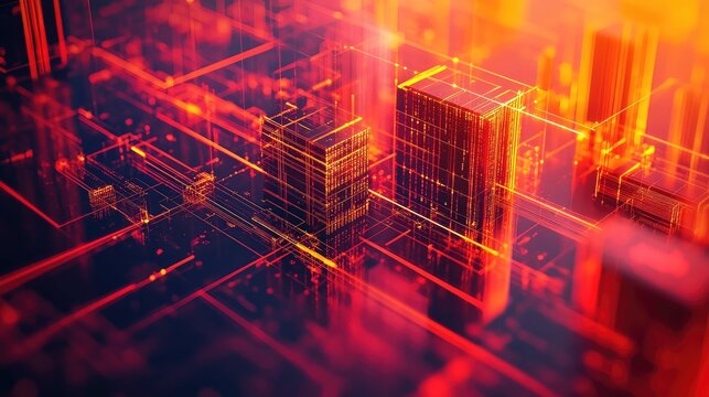 Digital cityscape with glowing circuit grid network data points