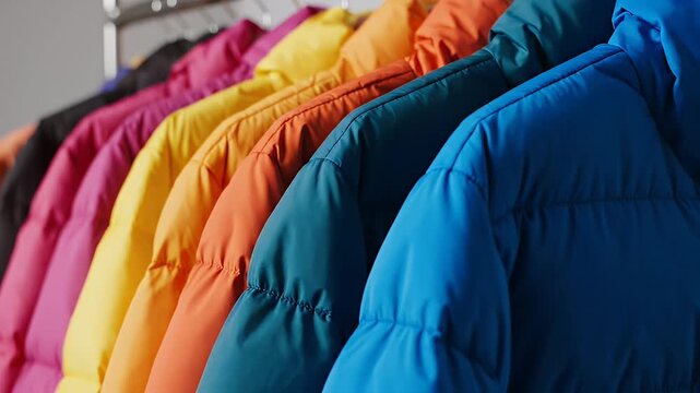 Close Up Shot Of Colorful Puffer Jackets Hanging on Clothes Rack against Grey Background