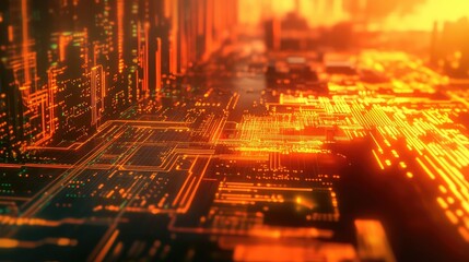 Circuit board cityscape simulating digital data flow