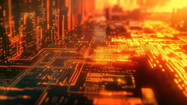 Circuit board cityscape simulating digital data flow