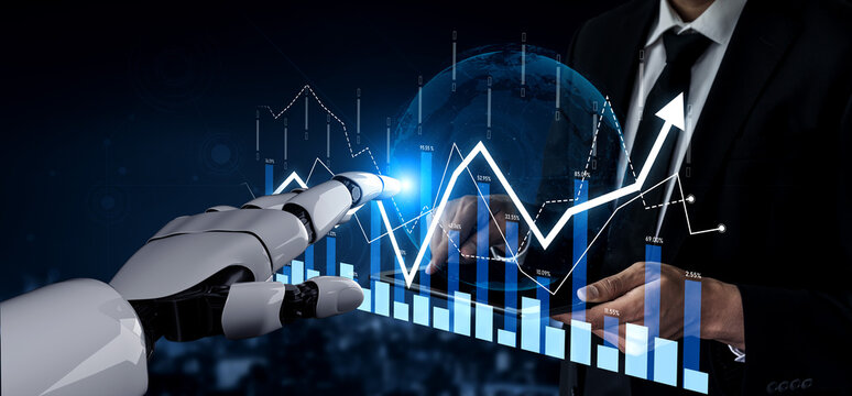 A robotic hand reaches towards a data visualization chart in a corporate setting, symbolizing the intersection of technology and business intelligence in modern analytics. Scalp