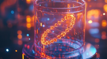 Dna double helix molecule glowing in glass container