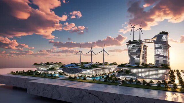 A futuristic cityscape with sleek skyscrapers and wind turbines set against a vibrant sunset with pink clouds in a serene coastal environment.
