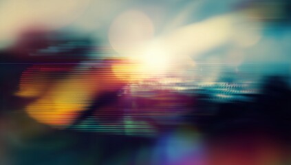 Grainy abstract texture with light leaks, blurred city lights, sunset glow, dark background and cinematic mood creating a nostalgic film-style atmosphere