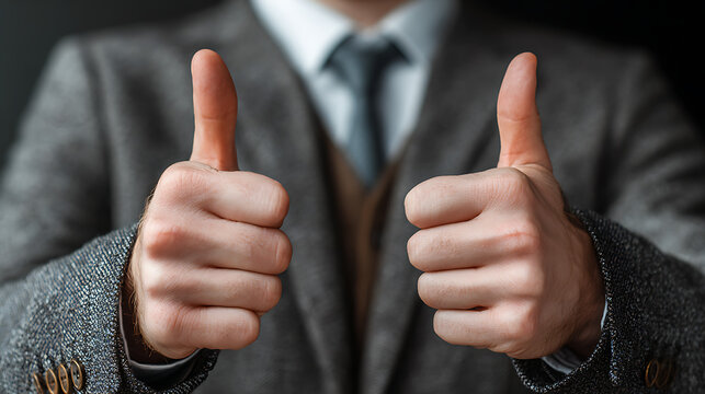 confident young business man in formal suit giving double thumbs up expressing positivity career growth corporate success motivation leadership and achievement in modern workplace