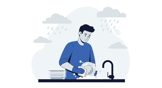 Thoughtful man washing dishes during rainy day, embracing chores and finding peace indoors, promoting domesticity and mindful living