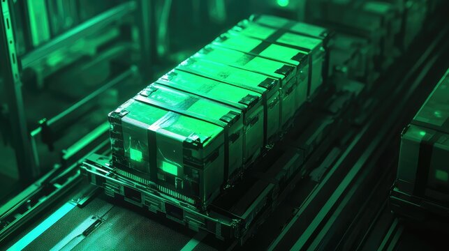 Automated system transporting futuristic cargo containers on conveyor belts