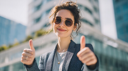 successful businesswoman standing in city performing thumbs up sign showing confidence motivation achievement leadership positivity and modern corporate success attitude