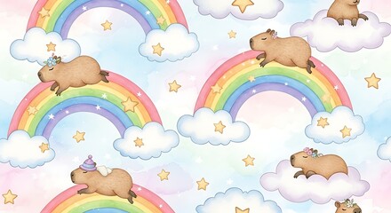 Dreamy Capybara Rainbow Pattern