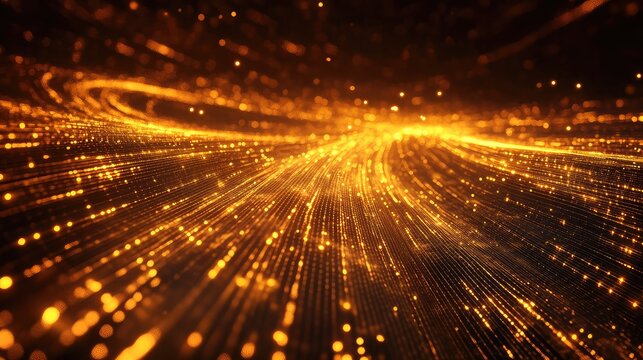 Digital data stream flowing golden light particles networking