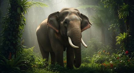 Fototapeta premium Majestic Elephant in the Misty Jungle