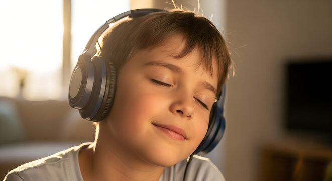 Young boy enjoying music with headphones while sitting indoors