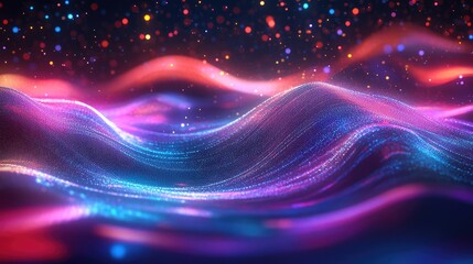 Abstract glowing particle waves forming a digital landscape