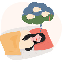 Young Woman Sleeping Peacefully in Bed Dreaming of Three Fluffy Sheep Jumping Over a Fence Under a Blue Sky with Clouds and a Red H