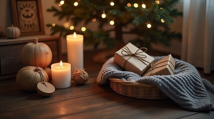 A serene holiday scene featuring wrapped gifts, candles, and decorative pumpkins by a softly lit Christmas tree.
