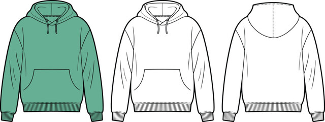 Hooded Sweatshirt Technical Sketch – Front and Back Views with Color Variant for Fashion Design