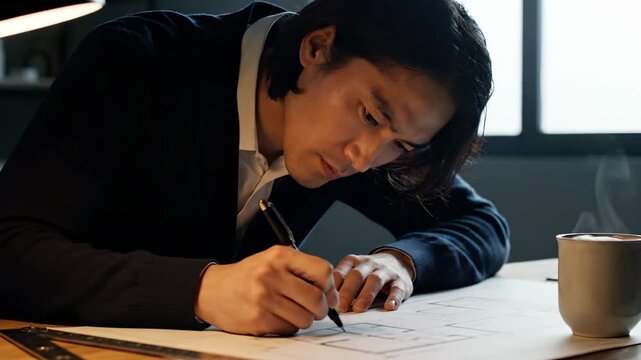 writing on paper at desk with pen and document. hand holds pen over notebook. lamp beside window casts soft light. cup sits near paper on workspace. ruler beside document and folder. paper edge bent.