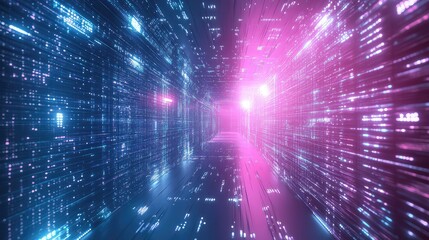 Digital data stream tunnel with glowing neon lights