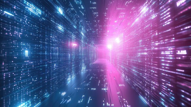 Digital data stream tunnel with glowing neon lights - Powered by Adobe