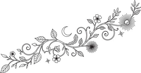 Elegant hand drawn floral vine with swirling leaves and delicate flowers in black and white