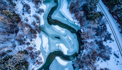 Stunning aerial view of a winding river flowing through a pristine winter landscape with snow-covered banks and icy formations, capturing the serene beauty of nature's artistry and peaceful solitude