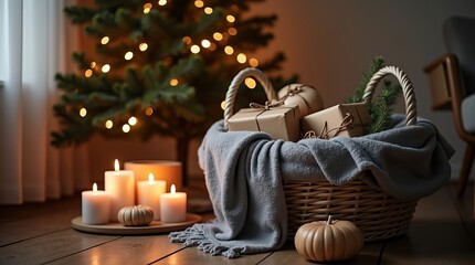 A cozy holiday scene featuring a woven basket of gifts, soft blankets, and candles, creating a warm atmosphere.