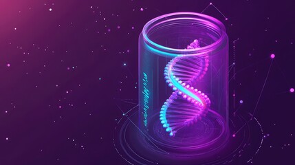 Dna helix inside laboratory beaker with glowing neon light