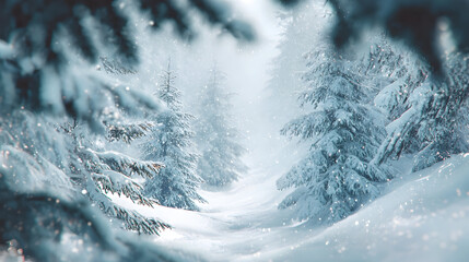 Enchanted snowy forest with evergreen trees blanketed in winter magic