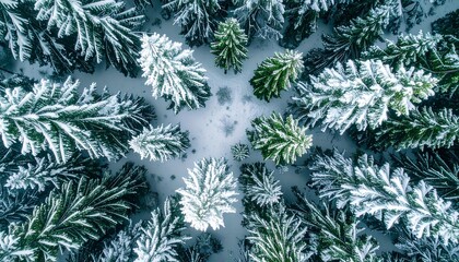 Aerial view of snow-covered evergreen trees creates a breathtaking winter wonderland, perfect for holiday cards, seasonal promotions, and conveying the peace and serenity of nature's beauty