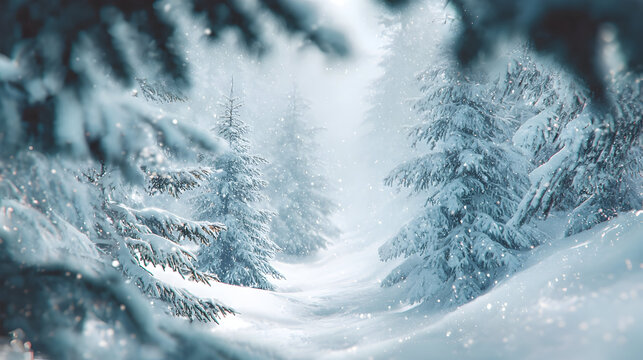 Enchanted snowy forest with evergreen trees blanketed in winter magic