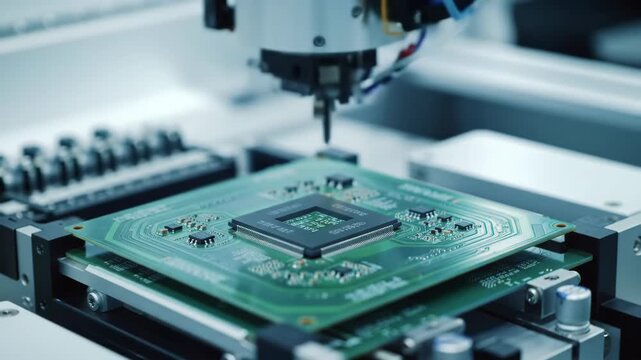 Robotic arm assembling electronics, automated manufacturing, close-up, circuit board production, technology application