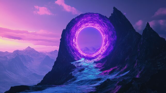 Purple glowing portal opening above mountain landscape - Powered by Adobe