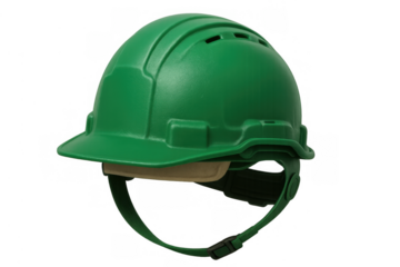 Green industrial hard hat protecting head during construction work or renovation project on transparent background