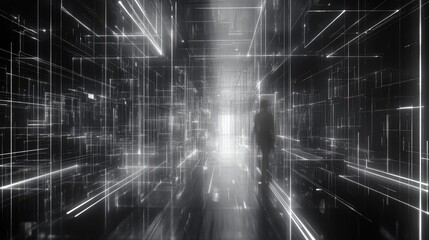 Person walking through digital data tunnel cyberspace