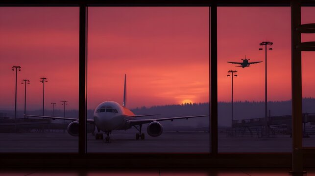 Airplane waiting at airport terminal and another taking off during crimson sunset