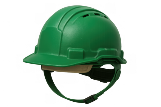 Green industrial hard hat protecting head during construction work or renovation project on transparent background