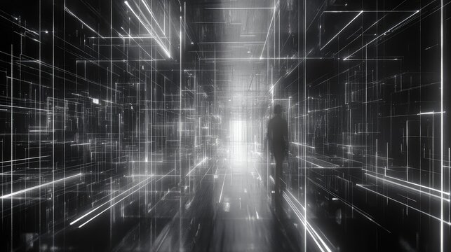 Person walking through digital data tunnel cyberspace - Powered by Adobe