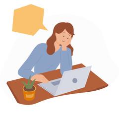 Young Woman Working On Laptop At Desk Thinking With Thought Bubble Overhead