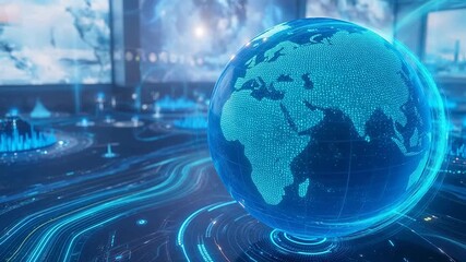 Digital globe in futuristic cityscape - Powered by Adobe