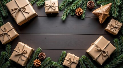 Elegant arrangement of wrapped gifts surrounded by pine branches and holiday decor.
