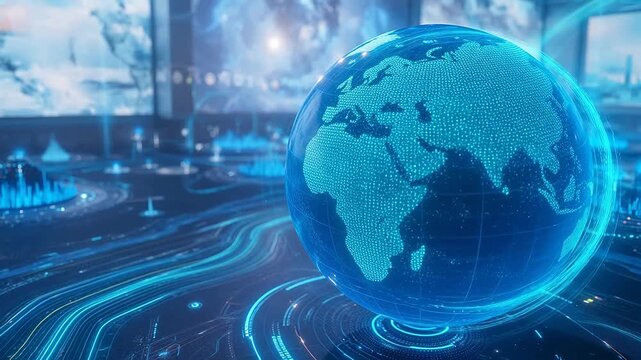 Digital globe in futuristic cityscape - Powered by Adobe