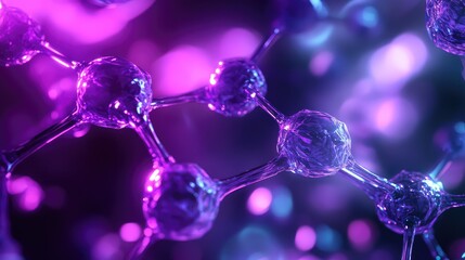 Scientific molecule structure connecting atoms in purple glowing network