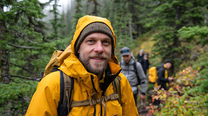 male hiker in a yellow jacket on a nature trail smiling at the camera with a team of hikers behind him highlighting outdoor adventure travel and active lifestyle photography